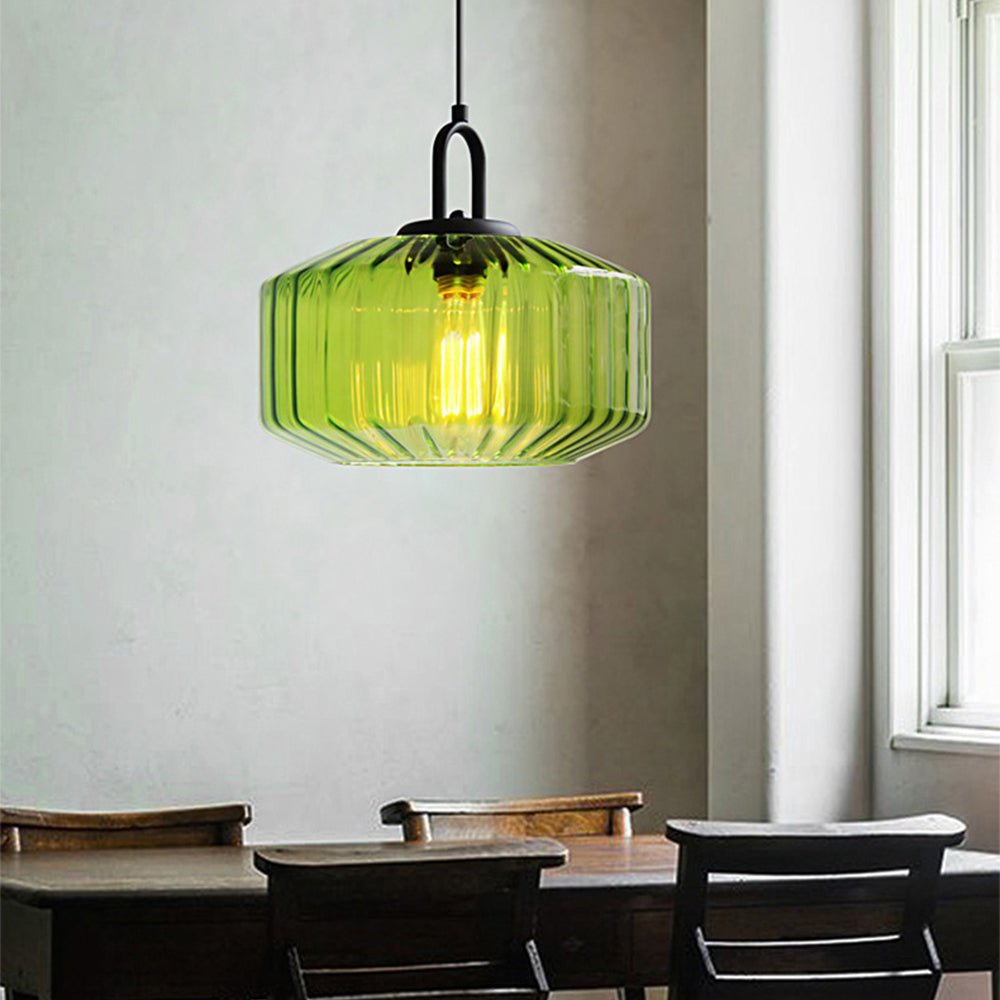 Elegant Pendant Light with Striped Green Glass Shade – Vintage Style for Dining and Kitchen 0