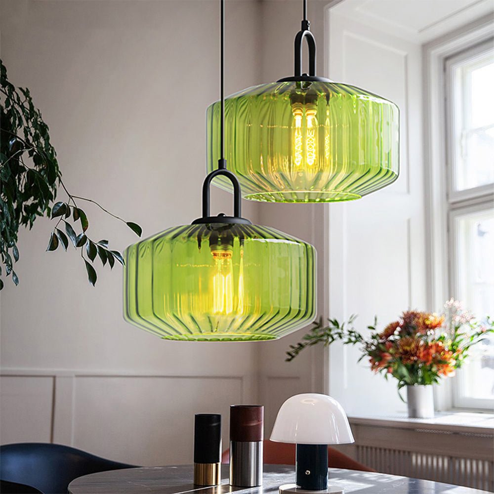 Elegant Pendant Light with Striped Green Glass Shade – Vintage Style for Dining and Kitchen 1