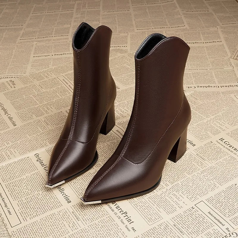 "Eleonora Costa" Pointed Toe Block Heel Boots (Brown 4) - | Zavonix