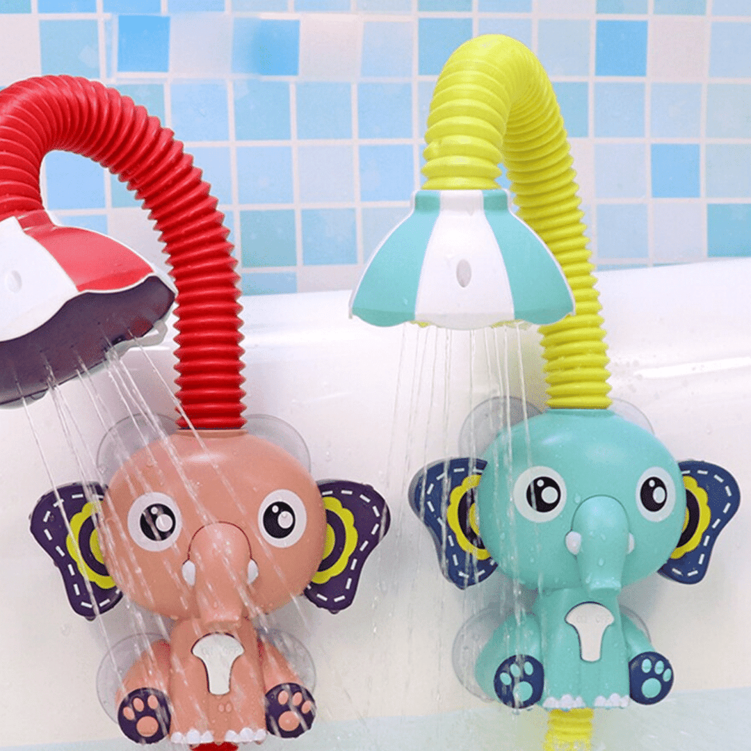 Blue and red elephant bath showers spraying water from curved hoses