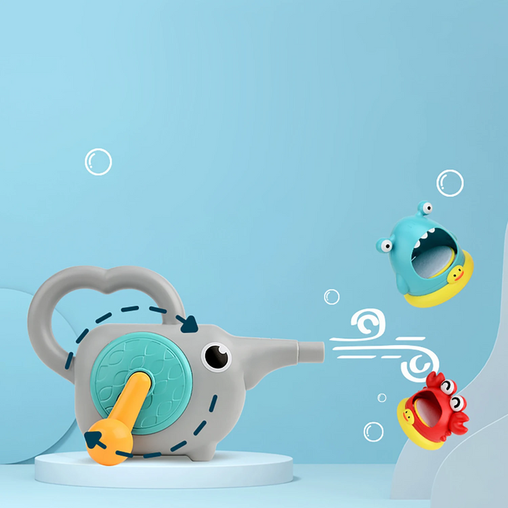 Diagram of the elephant-shaped hand-crank blower with red and blue bubble toy options