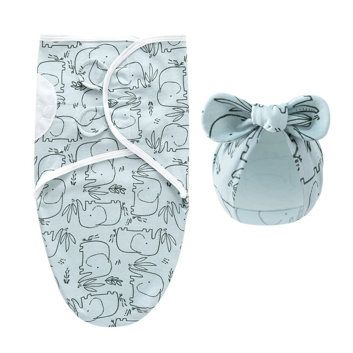 Pale blue-green swaddle blanket and matching bow hat with elephant line drawings