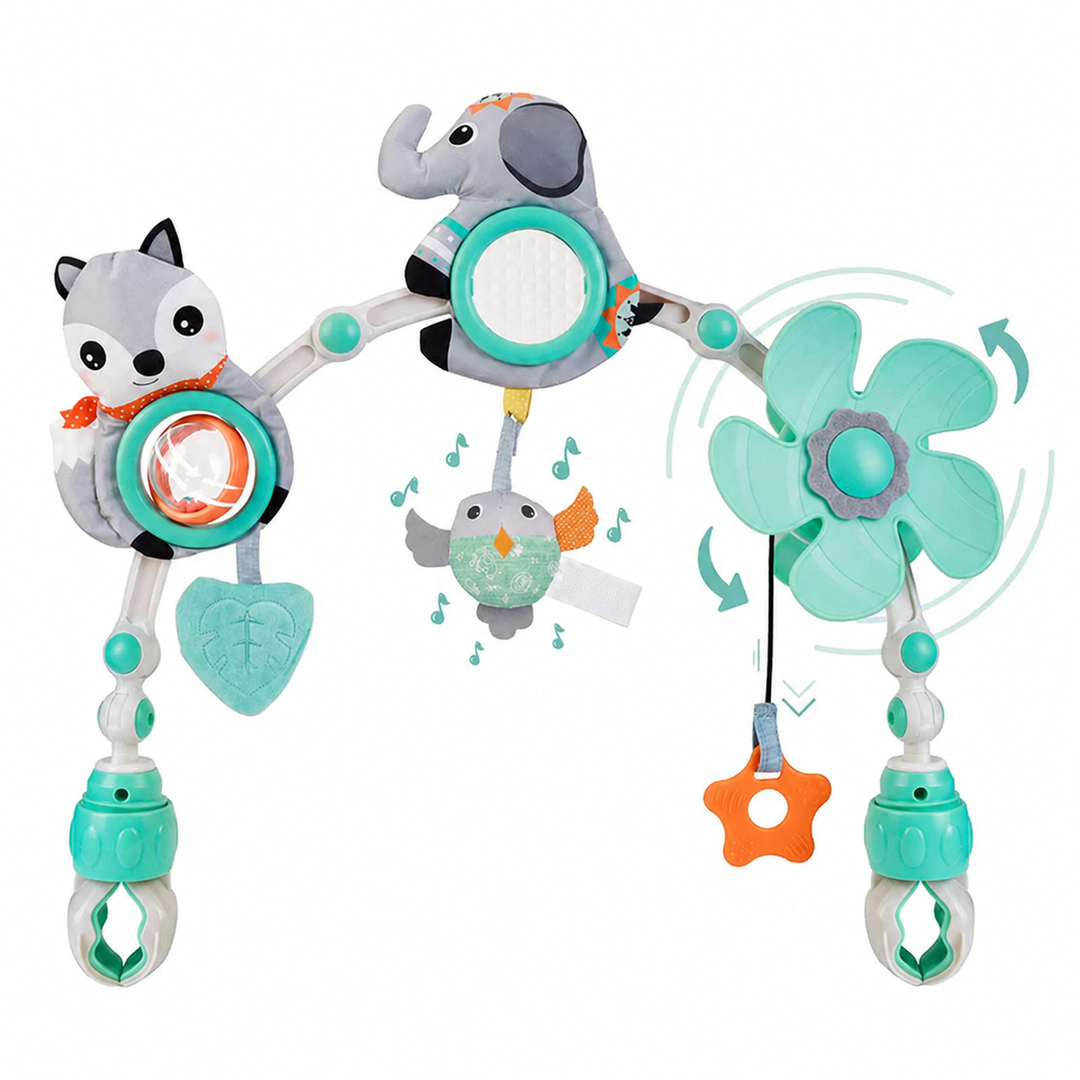 Elephant-themed stroller toy arch with a mirror, rotating ball, flower windmill, and hanging toys