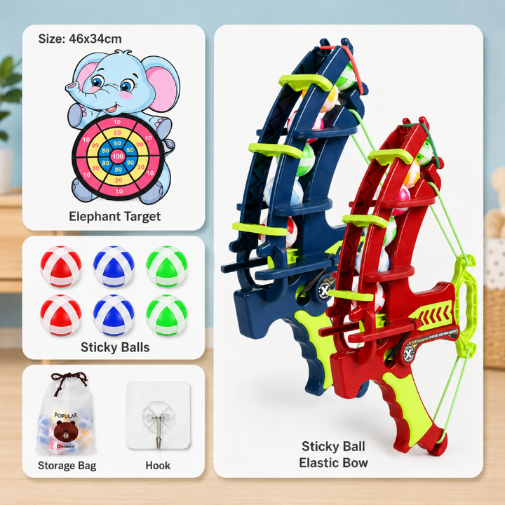 Elephant target with sticky balls, a storage bag, a hook, and red and blue launcher options