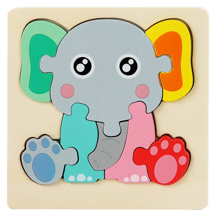 Elephant wooden jigsaw puzzle with a gray head, colorful ears, and pink and turquoise pieces