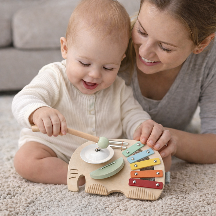 Child playing an elephant-shaped wooden musical toy with an adult