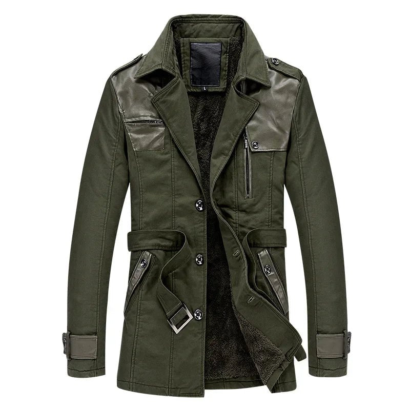 Elevan Trench Coat — Tailored Cotton Coat with Fleece Lining and Leather Accents (Green XS) - | Zavonix