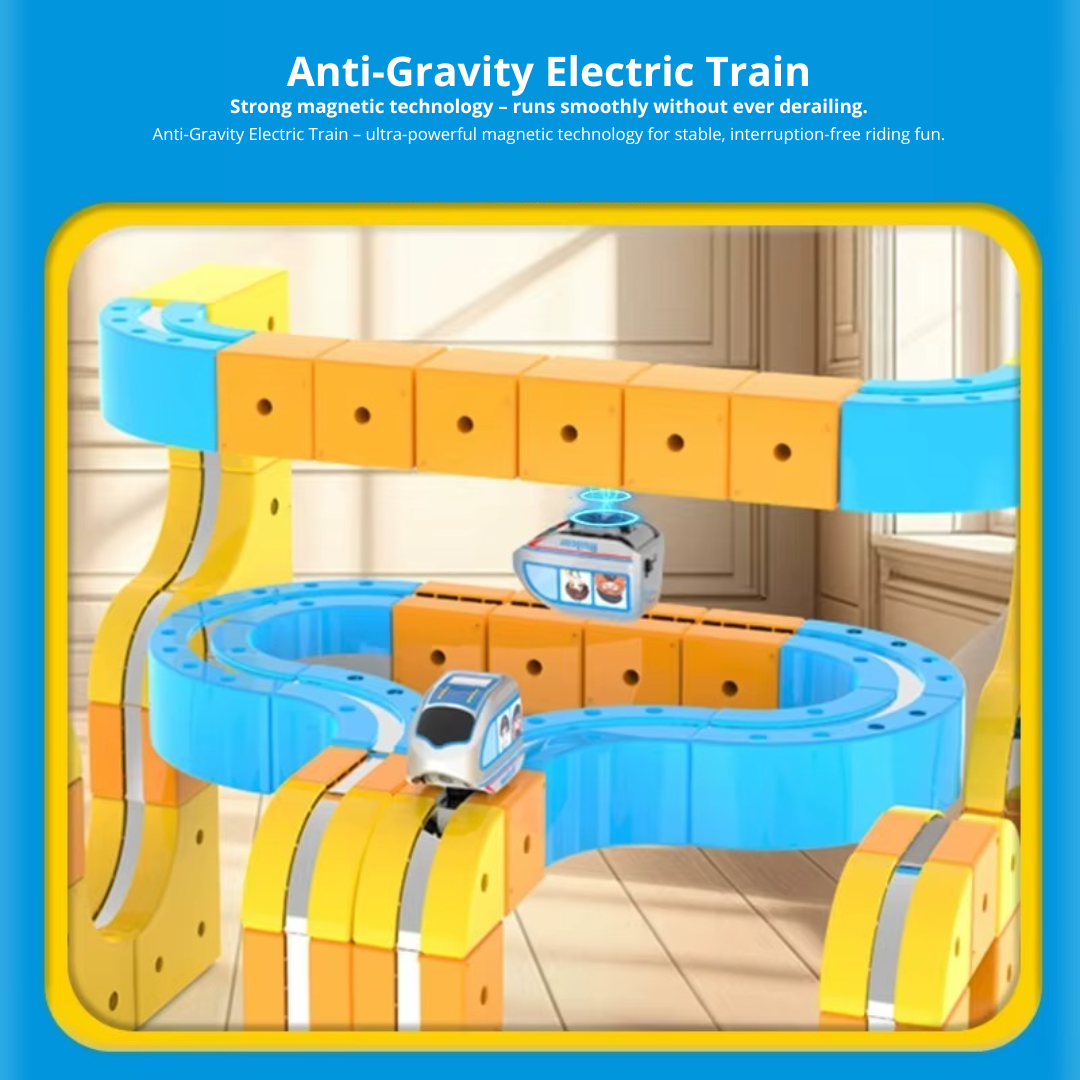 Toy trains on a blue and yellow magnetic track with raised loops and upright sections