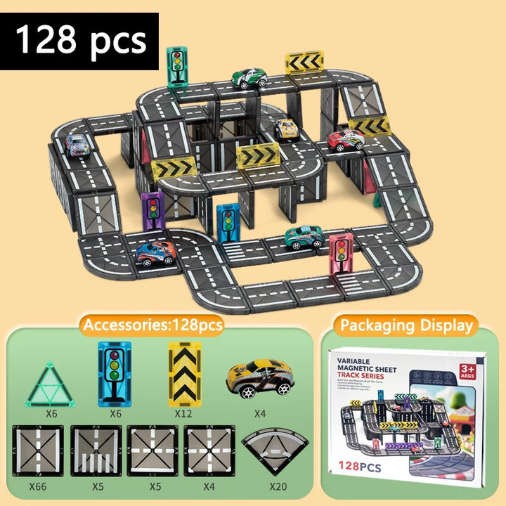 128-piece elevated magnetic road set with cars, signs, supports, and a pictured parts breakdown