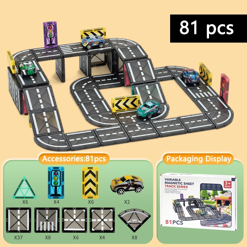 81-piece elevated magnetic road set with cars, ramps, traffic signs, and a pictured parts breakdown