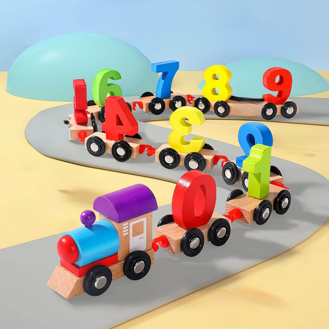 11-piece wooden number train with an engine and hook-linked cars numbered 0-9.