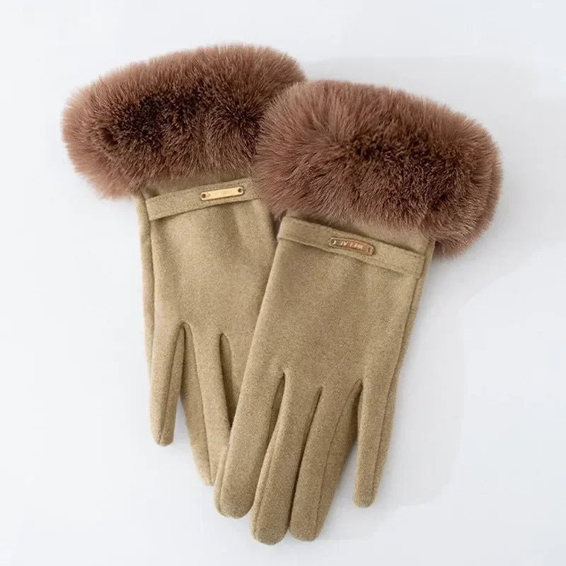 "Esta" Faux Fur Gloves (Khaki ) - | Zavonix