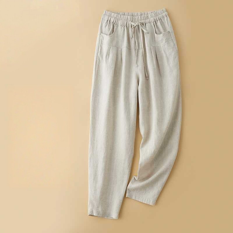 Elyra Linen Trousers — Soft Breathable Pants with Relaxed Fit and Elastic Waistband (Beige XS) - | Zavonix