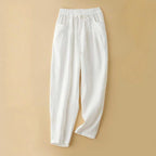 Elyra Linen Trousers — Soft Breathable Pants with Relaxed Fit and Elastic Waistband (White XS) - | Zavonix