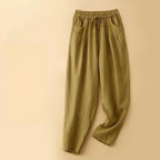 Elyra Linen Trousers — Soft Breathable Pants with Relaxed Fit and Elastic Waistband (Olive Green XS) - | Zavonix