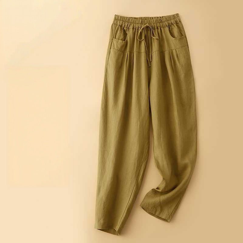 Elyra Linen Trousers — Soft Breathable Pants with Relaxed Fit and Elastic Waistband (Olive Green XS) - | Zavonix