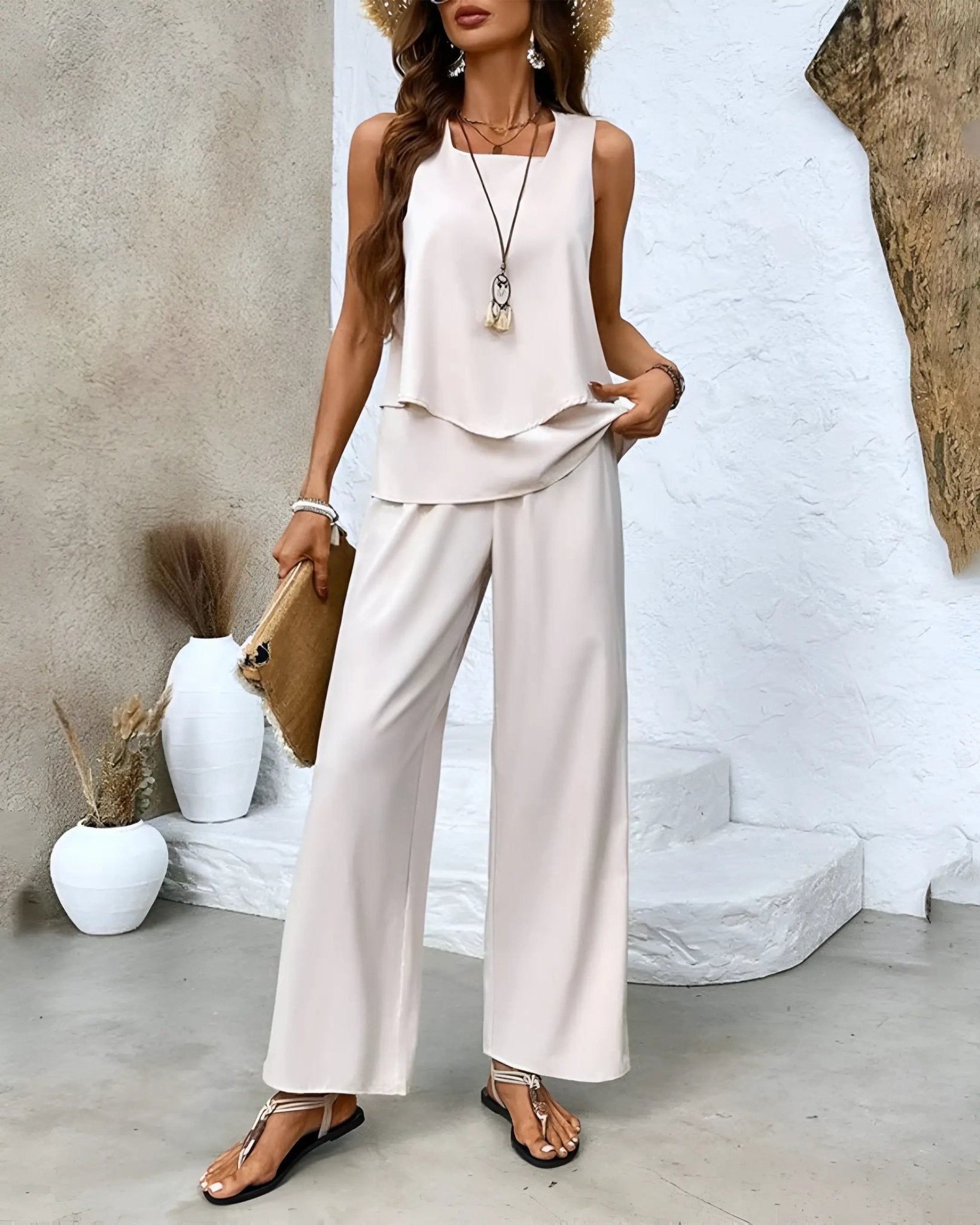 Elysia Breeze — Women's Lightweight Summer Two - Piece Outfit for Casual Style (Beige S) - Two - Piece Outfits | Zavonix