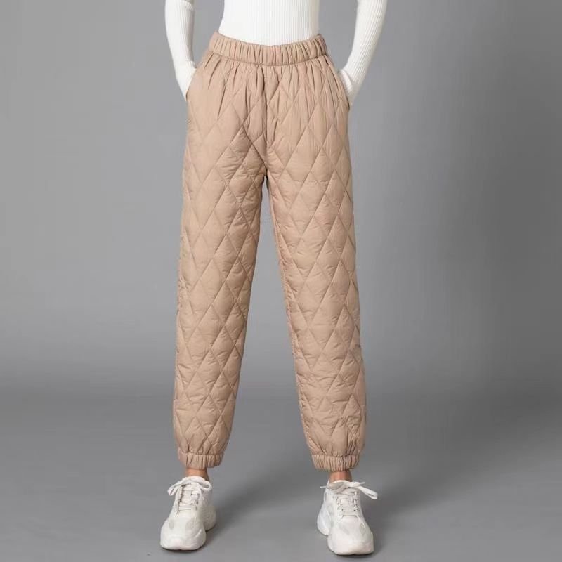 Elara Quilted Insulated Pants — Warm Soft Fabric with Diamond Stitching (Khaki XS) - | Zavonix