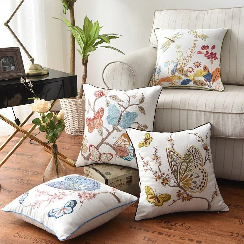 Embroidered Butterfly Cushion Cover in Cotton-Linen Blend – 45x45 cm Decorative Pillow Case 1