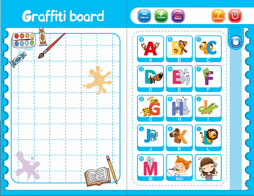 Gridded drawing page beside illustrated alphabet activities covering letters A through M