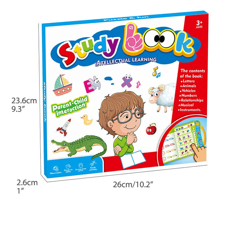 Learning book measurement graphic showing 23.6 cm height, 26 cm width and 2.6 cm thickness