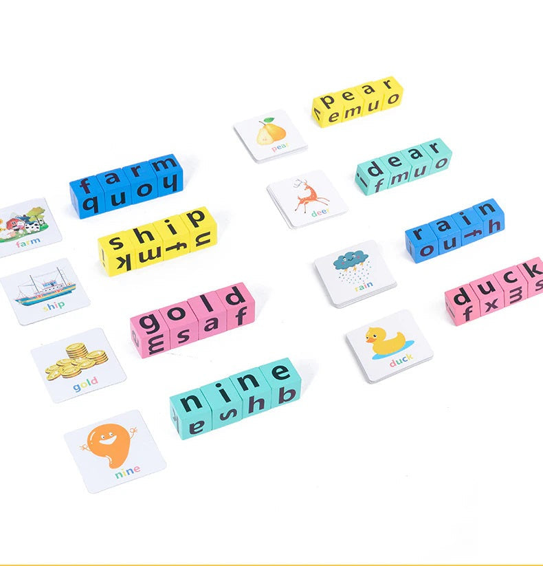 Picture cards paired with colorful wooden blocks spelling short English words