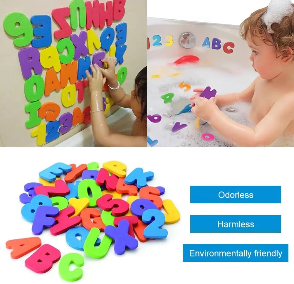 EVA letter and number set shown on a wall, in the bath, and in a colorful pile