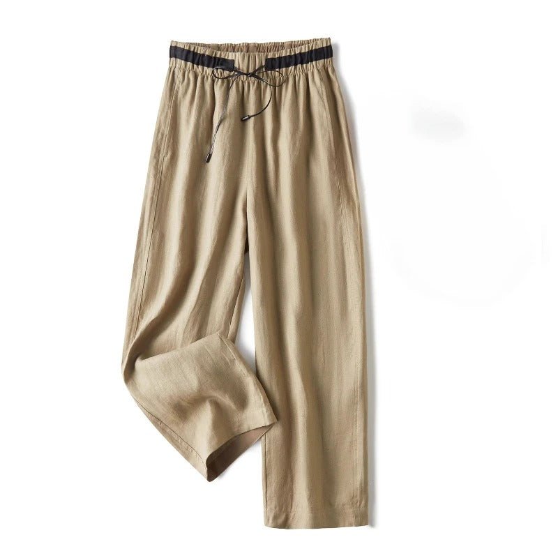 Evano — Wide - Leg Linen Pants with Soft Paper - Touch Fabric (Khaki XS) - | Zavonix