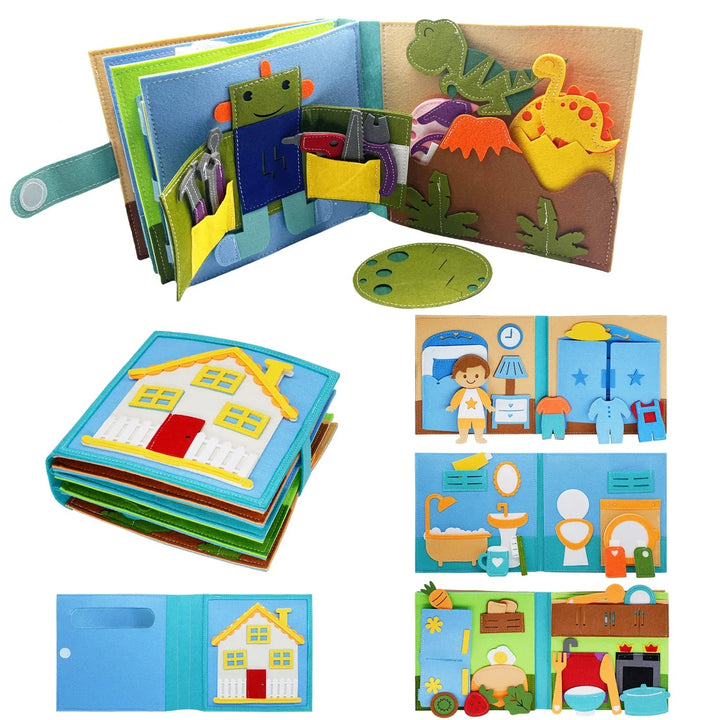 Blue fabric activity book with a house cover, robot tools, dinosaurs, and everyday-routine pages