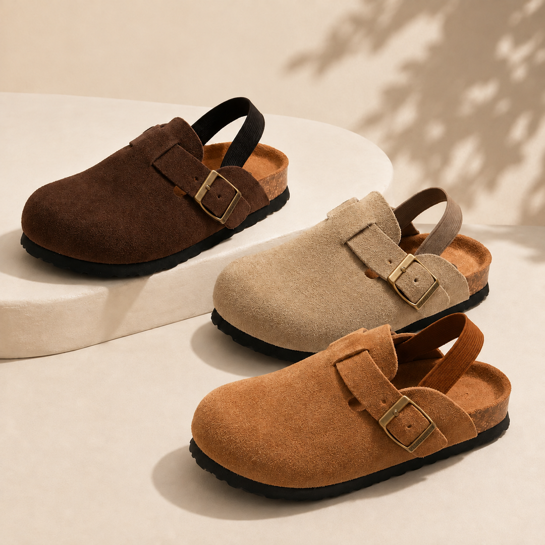 Kids' clog sandals in Coffee, Apricot, and Brown with buckle details and elastic heel straps