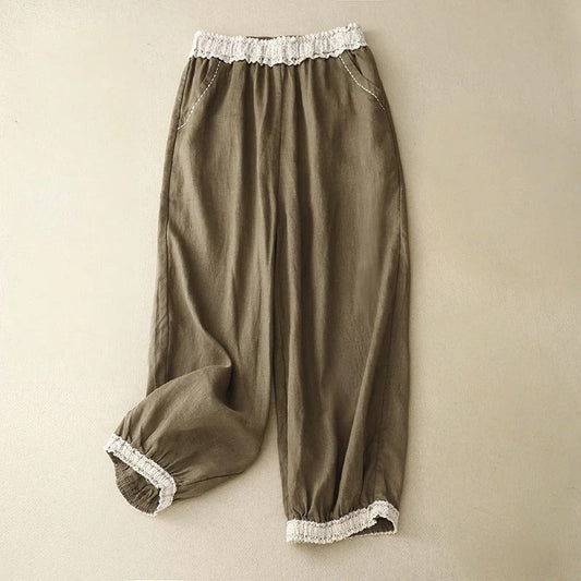 Elara Vintage Lace Linen Trousers — Lightweight Balloon Fit Pants for Comfort