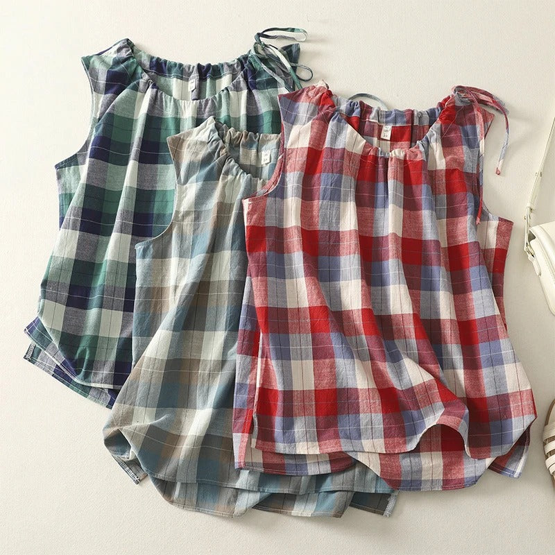 Sleeveless Linen Top with Adjustable Neckline and Curved Hem