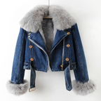 Selvedge Denim Jacket with Plush Fox Fur Cuffs and Lining