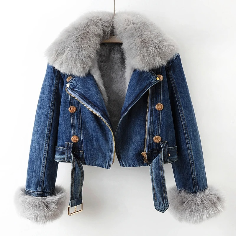 Selvedge Denim Jacket with Plush Fox Fur Cuffs and Lining