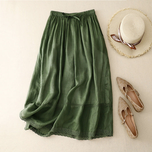 Liora Linen Skirt — Lightweight Breathable Skirt with Scalloped Lace Hem