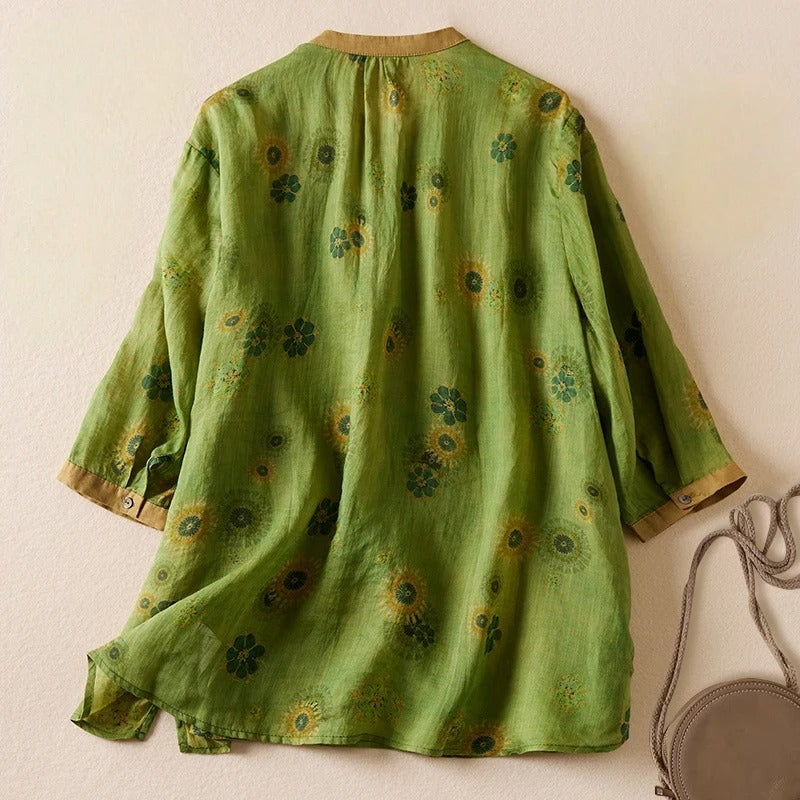 Women's Lightweight Linen Blouse with Standing Collar and Flowing Hem