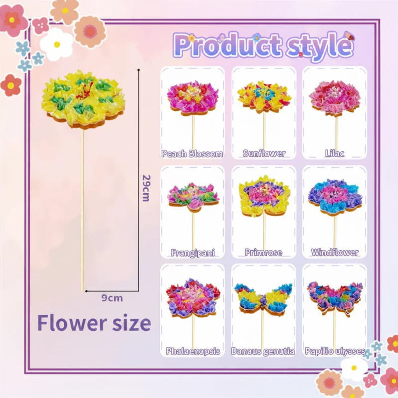 Colorful fabric flower designs beside a sample flower labeled 29 cm tall and 9 cm wide