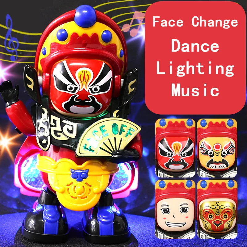 Face-changing toy robot with colorful lights and four illustrated face designs