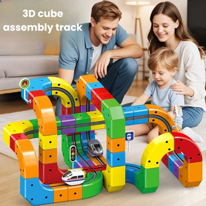 Parents and child assembling a colorful multi-level train track together