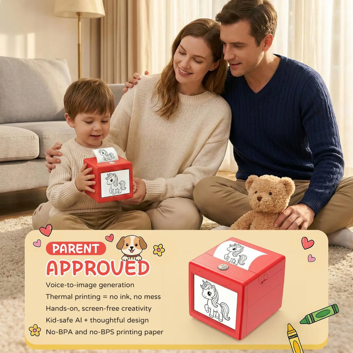 Parents and child exploring a red sticker printer together on a sofa