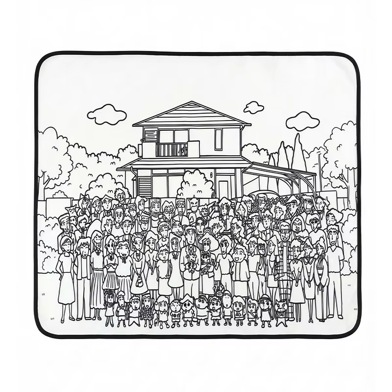 Family-themed coloring mat showing a large group in front of a house