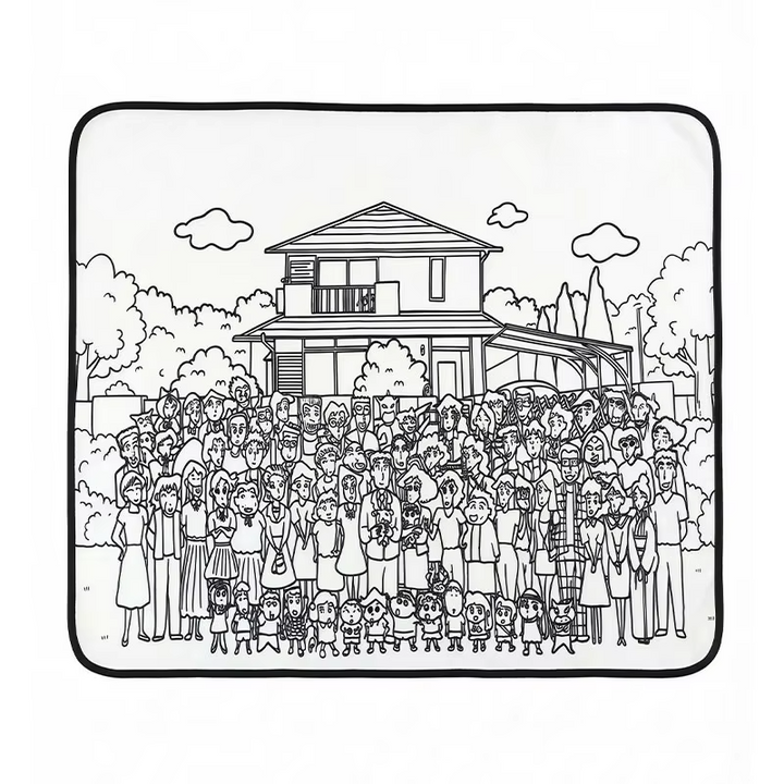 Family-themed coloring mat showing a large group in front of a house