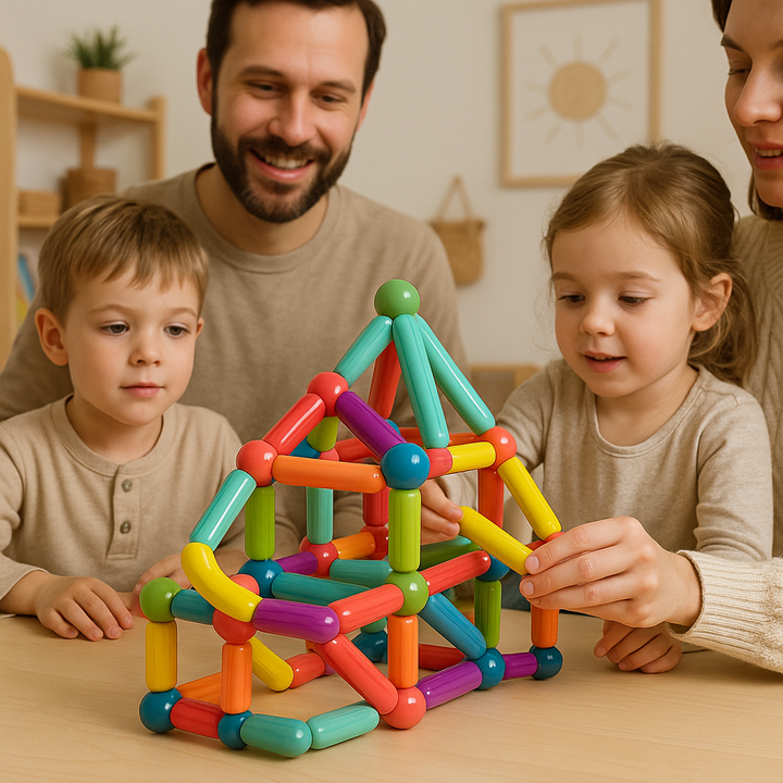 Two children and adults building a colorful magnetic stick house together