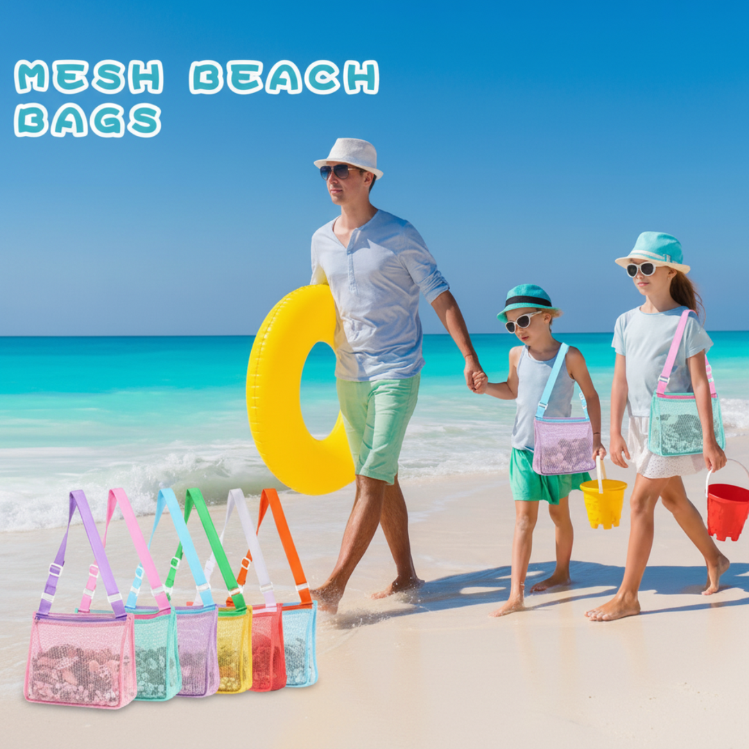 Family walking beside the ocean with colorful mesh beach bags displayed on the sand