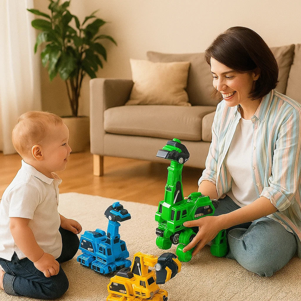 Adult and child playing with green, blue, and yellow transforming dinosaur toy cars