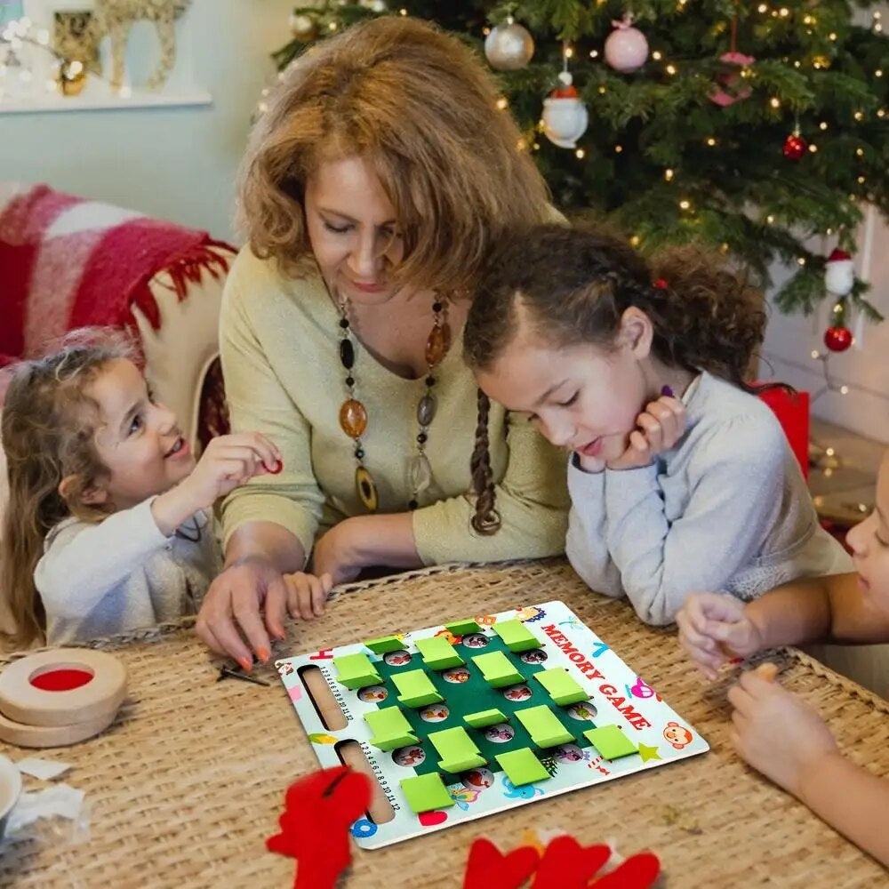 An adult and two children playing a wooden picture-matching game at a table.