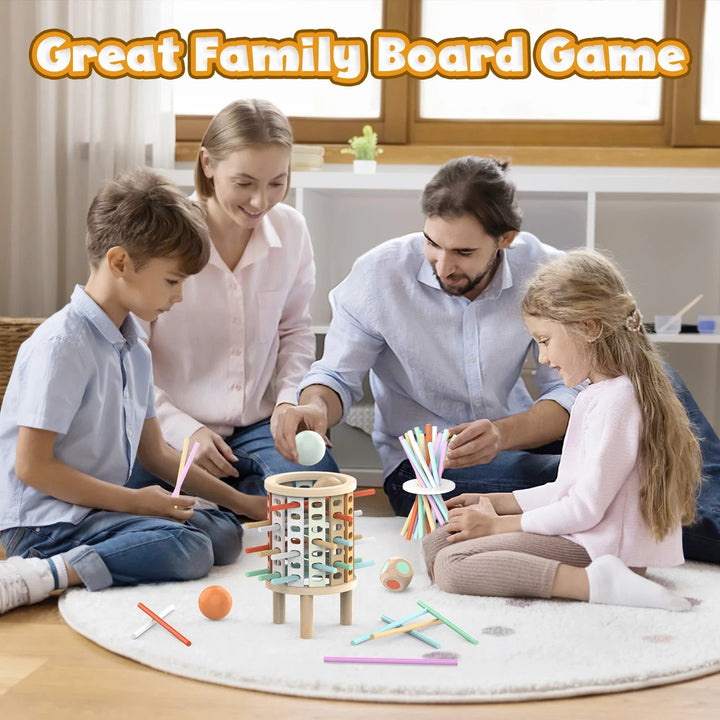 Family playing the wooden tower game together on a rug
