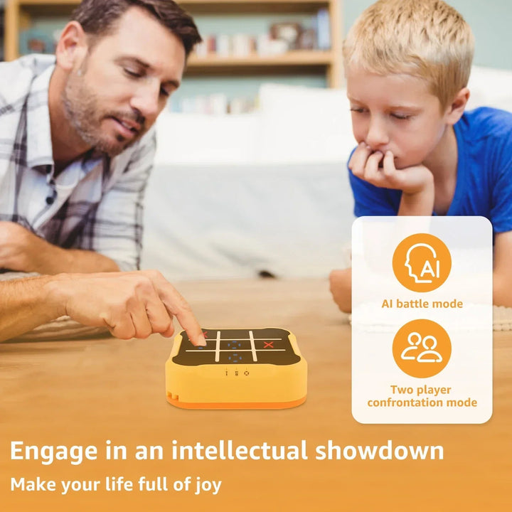 Adult and child playing an electronic tic-tac-toe game beside AI and two-player mode labels