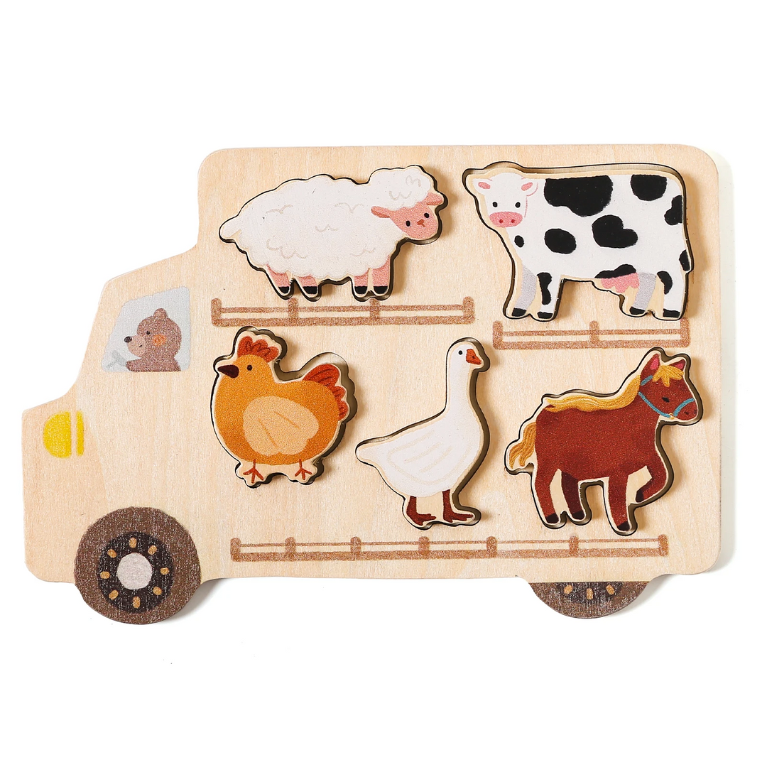 Animals wooden puzzle with sheep, cow, chicken, goose, and horse pieces