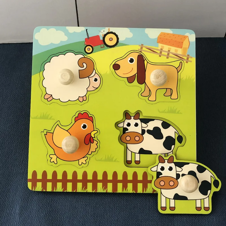 Farm animal wooden peg puzzle with sheep, dog, hen, and cow pieces